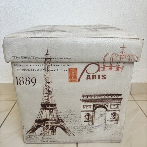 Foldable storage ottoman with vintage Paris theme, like new