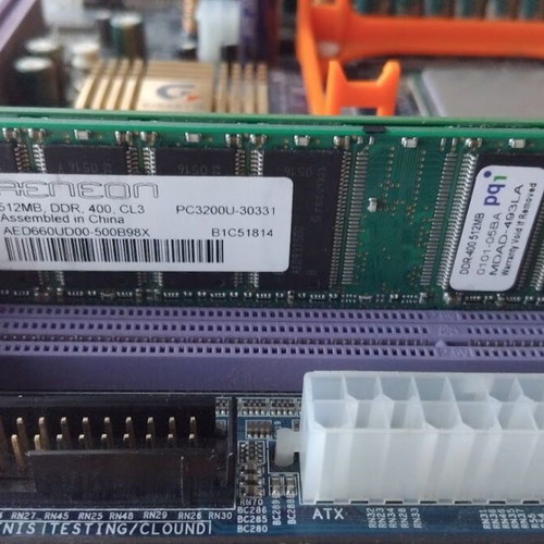 Gigabyte GA-8PE800 REV1.1 motherboard used with CPU, fan, and RAM
