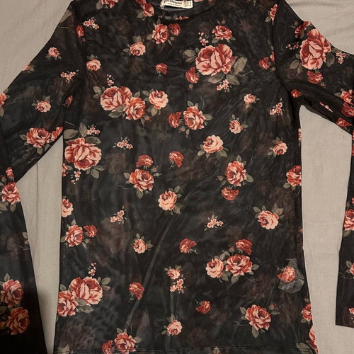 Stradivarius long-sleeve transparent blouse with flowers like new, black, size S