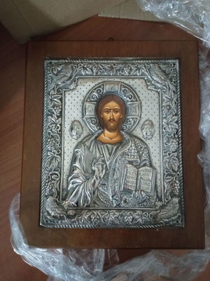 Christ Pantocrator religious icon used, silver 950 and precious wood