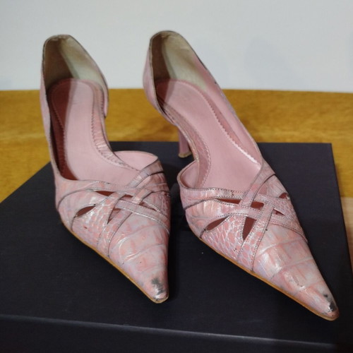 Mortoglou pointed pumps used, pink-silver snake pattern, size 40