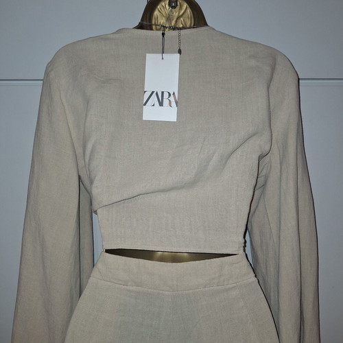 Zara woman beige linen set with wrap top and trousers, medium size