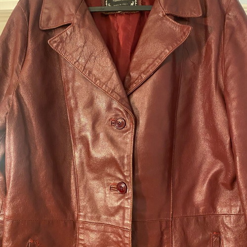 Vintage leather coat used, dark burgundy, size 46