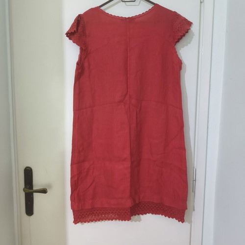 Linen dress coral with lace details like new, sizes L-XL