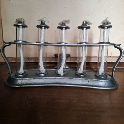 Decorative candle holder used, tin with 5 glass wick holders