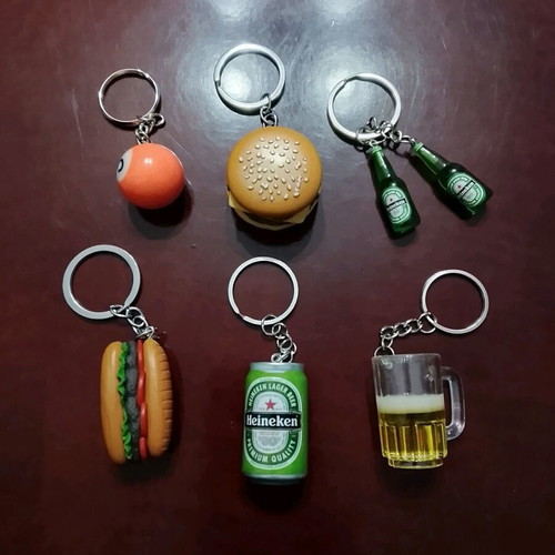 Set of 6 keychains with beer, sandwich and billiard ball