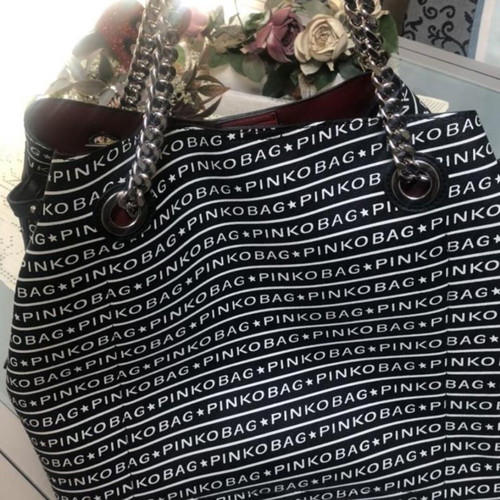 Pinko shoulder bag used, large black with silver chain and red lining