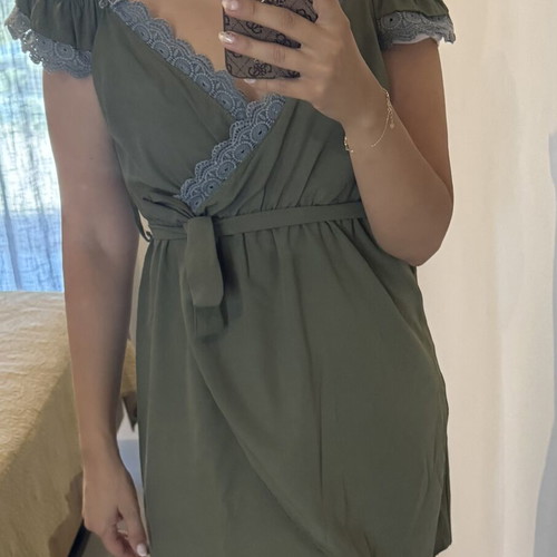 Khaki dress with wrap design and lace details, like new