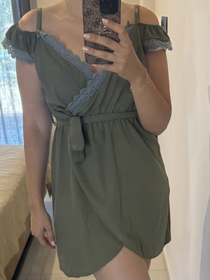 Khaki dress with wrap design and lace details, like new