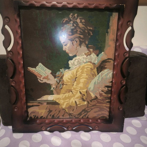 Vintage handmade embroidery The Reader used, framed wall decoration