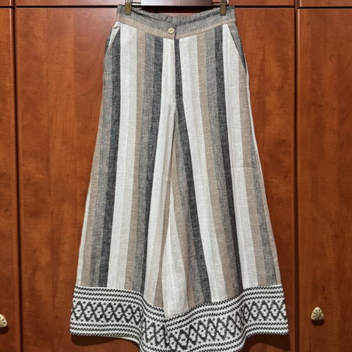 Moutaki wide-leg pants size S used, boho chic linen with stripes and embroidery
