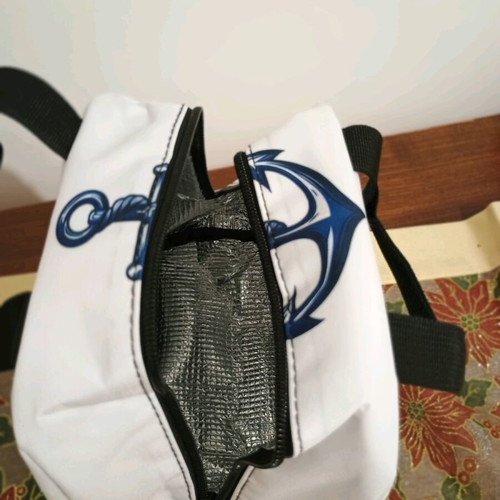Thermal lunch bag with dark blue hook and nautical design, new