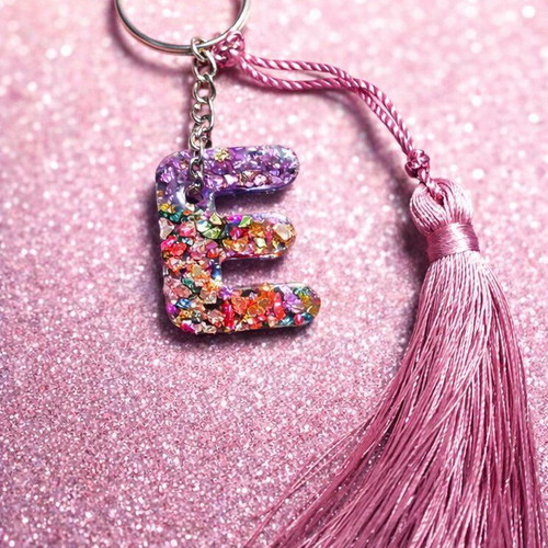 Handmade keychain with letter resin and shiny stones new