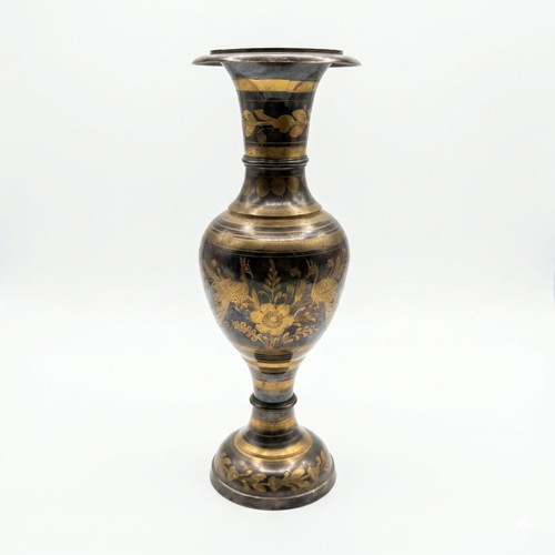 Vintage Handmade Brass Vase Moradabad with Black Enamel 30 cm
