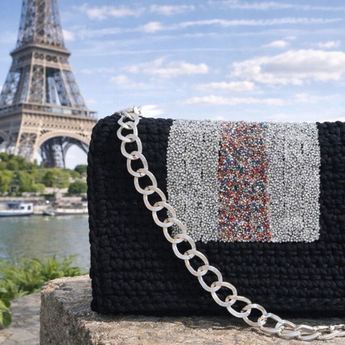 Handmade black knitted crossbody bag with rhinestones and silver chain, new