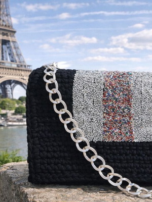Handmade black knitted crossbody bag with rhinestones and silver chain, new
