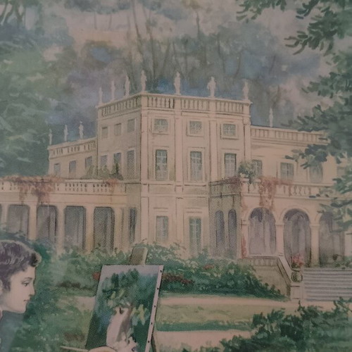 Vintage offset lithograph print of romantic scene, 85×41cm