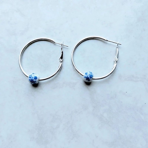 Hoops summer hoopies 4 cm earrings with porcelain blue and white beads like new