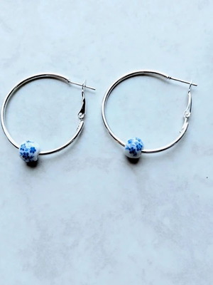 Hoops summer hoopies 4 cm earrings with porcelain blue and white beads like new