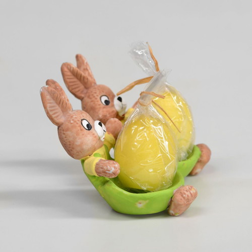 Easter ceramic decoration with bunnies and wax eggs like new
