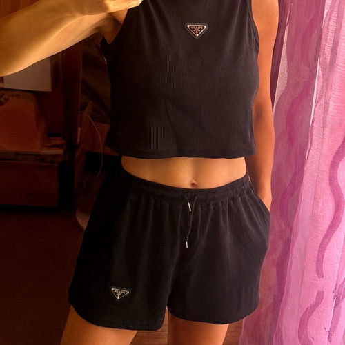 Prada inspired black rib crop top and shorts set