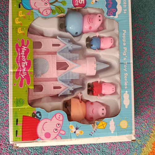 Peppa Pig family figure set with pink castle like new