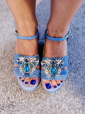 Blue woven platform sandals with crystal buckle