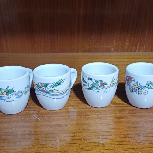 Loumidis Papagalos coffee cups set of 6 with D. Mytaras prints, new