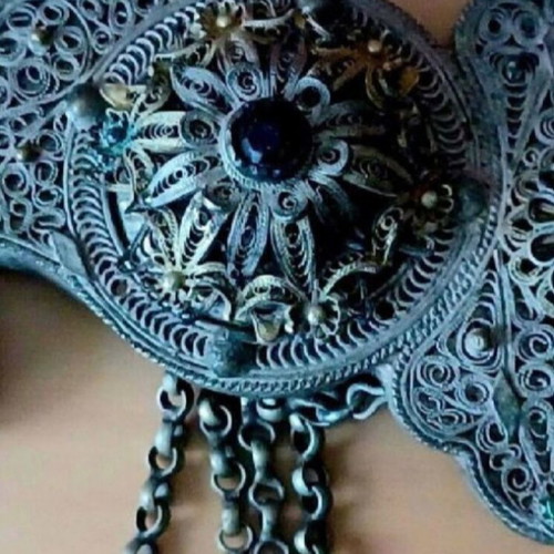 Epirus Antique Brooch used, filigree silver wire with decorative stones