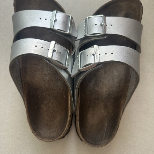 Birkenstock silver leather slippers, size 38
