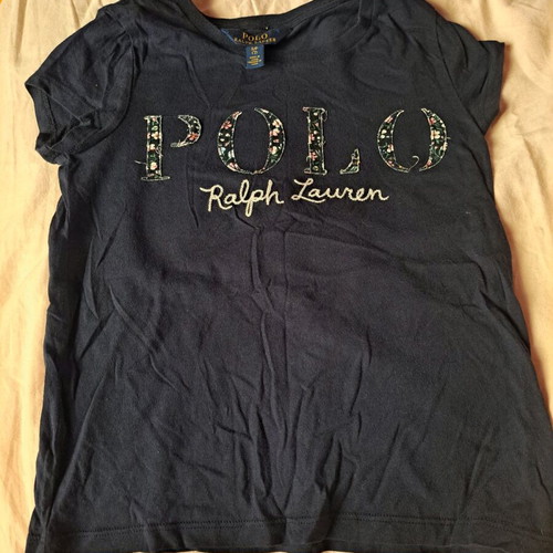 Polo kids t shirt dark blue with letters and flowers, very breathable fabric