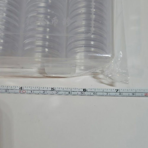 Plastic coin capsules 27 mm new, pack of 100 with storage box