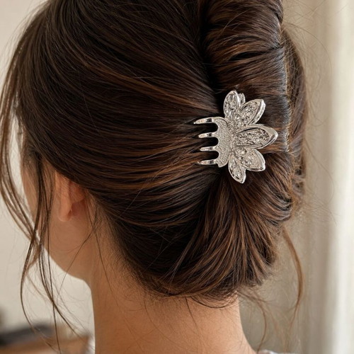 Vintage Metal Hair Clip with Rhinestones (Silver)