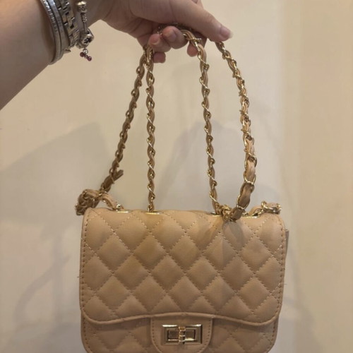 Quilted beige and baby pink nude crossbody bag with gold chain