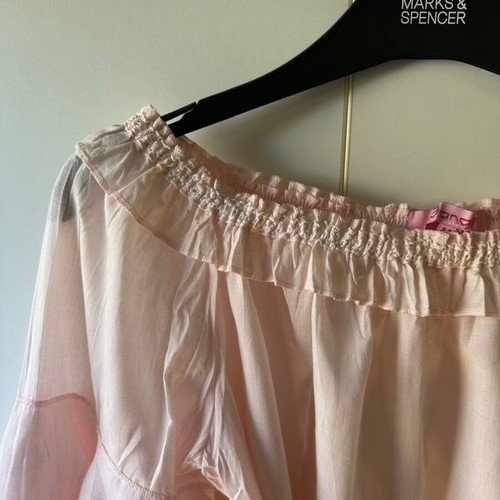 Danoff baby pink blouse with ruffle sleeves and corset tie like new