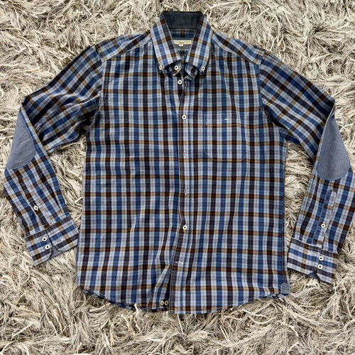 Oxford Company Blue and Brown Plaid Denim Long-Sleeve Shirt Size M Like New