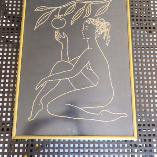 Framed embroidery with golden thread and crystal, like new, 50x72 cm