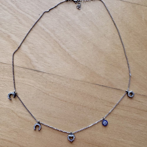 925 Sterling Silver Lucky Charm Necklace like new with Evil Eye Heart Moon CZ