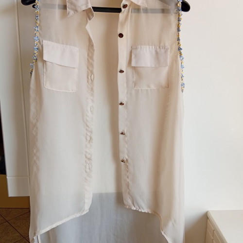 Fullah Sugah sleeveless asymmetric chiffon tunic shirt used, beige, size S
