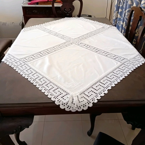 Large tablecloth with handmade cross lace, cotton, like new, white