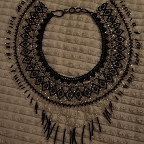 Black Silver Necklace handmade with geometric pattern and fringe
