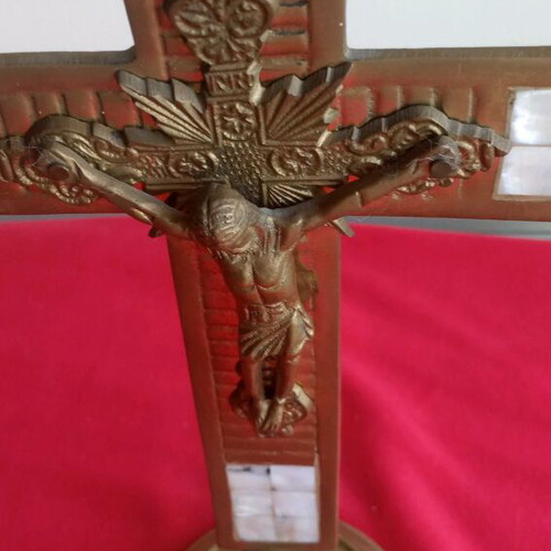 Brass tabletop cross like new with mother of pearl decorations