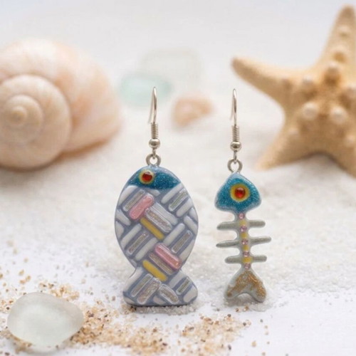 Fish Design Earrings new, handmade with clay and glass