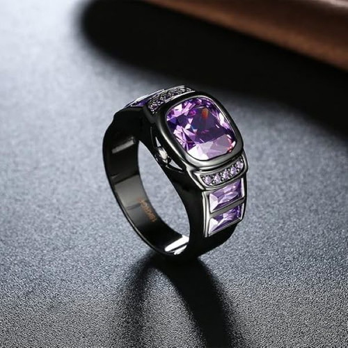 Ring with violet amethyst, new, black gold plated