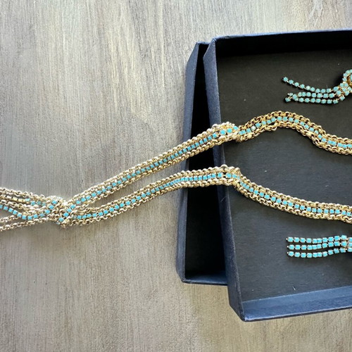 Jewelry set with necklace and earrings from Rhodes in gold and turquoise colors