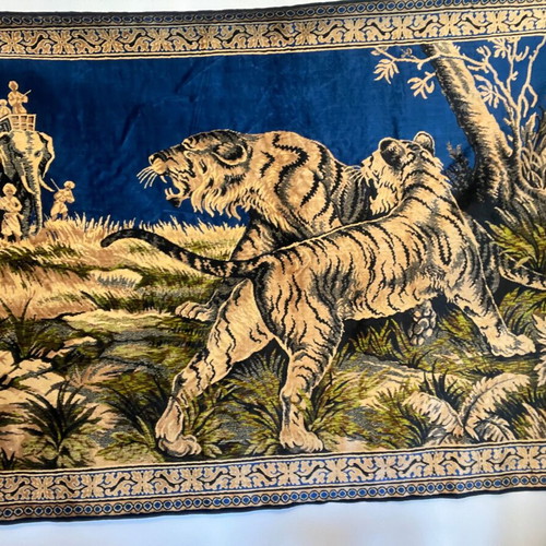 Large vintage tapestry with tigers and elephants on blue background like new