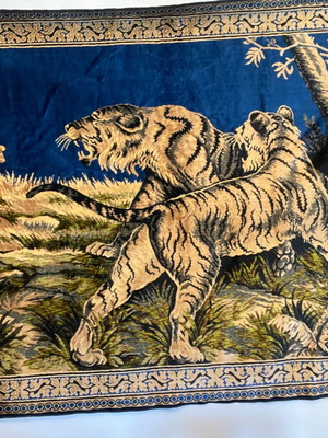 Large vintage tapestry with tigers and elephants on blue background like new