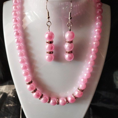 Handmade pink beaded necklace and earrings set new