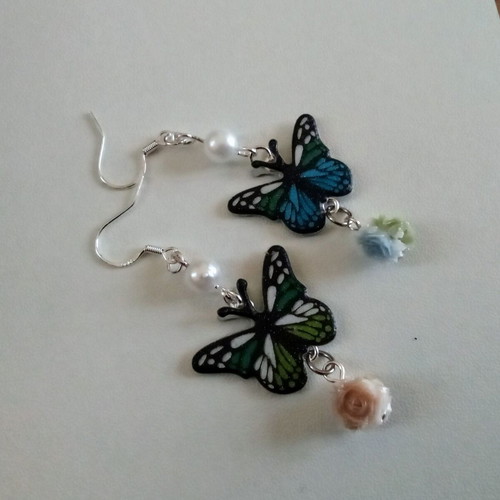 Handmade earrings with blue butterflies and pearls, new