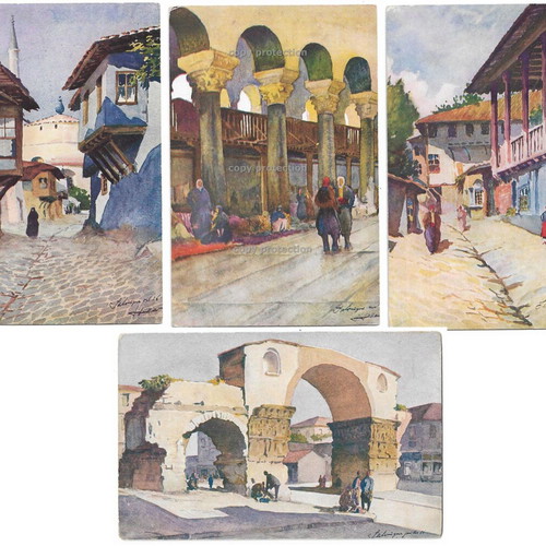 Set of 4 painted Thessaloniki postcards 1910 used